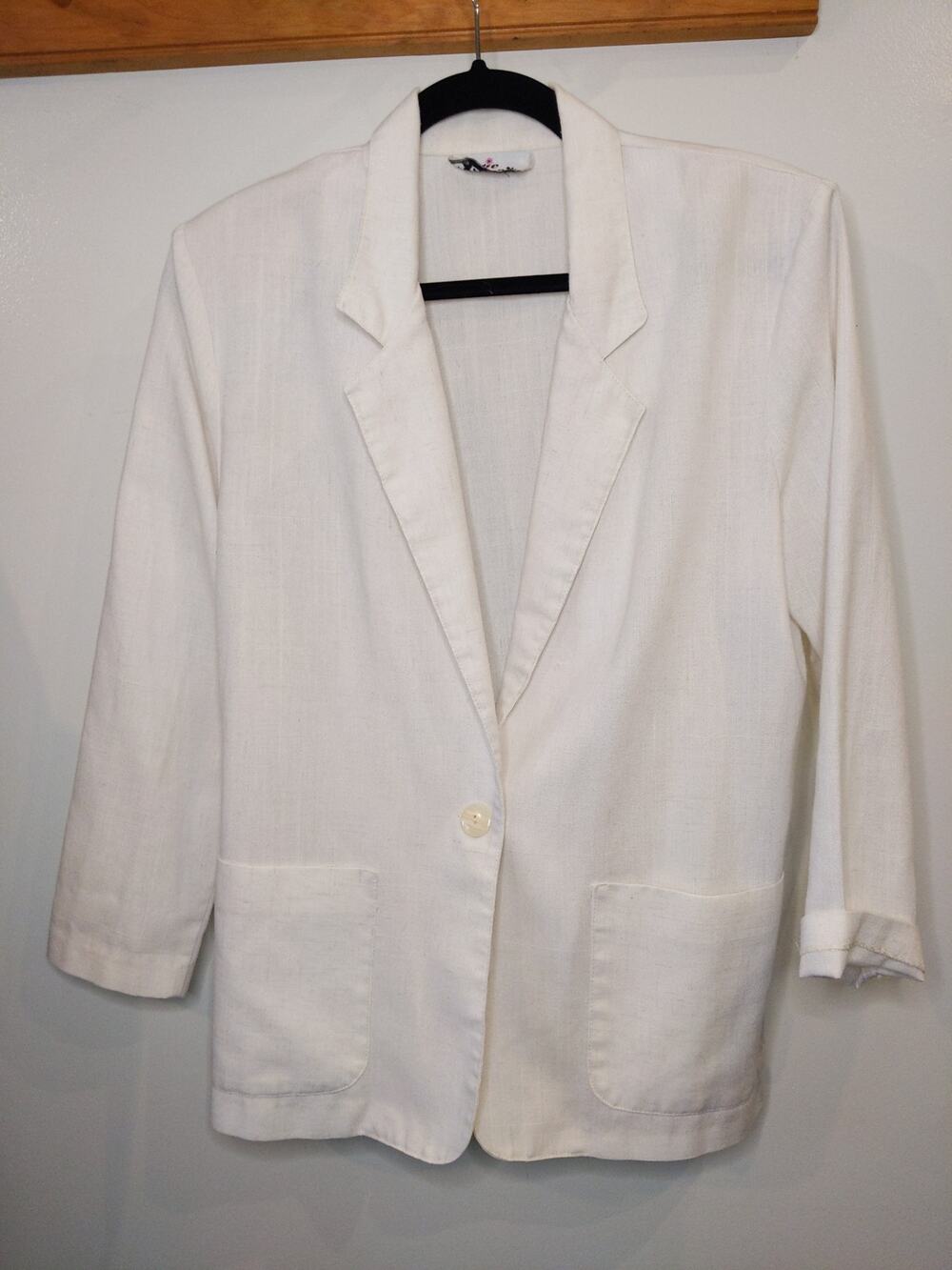 Katie Brooke W Sz 10 Vintage Linen White Button Blazer Jacket Padded Shoulder